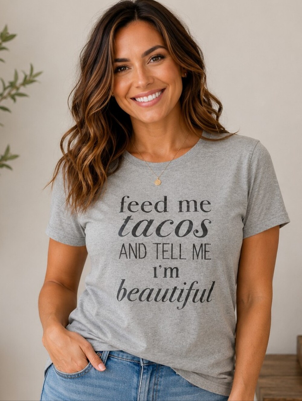 Women’s Gray Short Sleeve Tee - 'Feed Me Tacos'